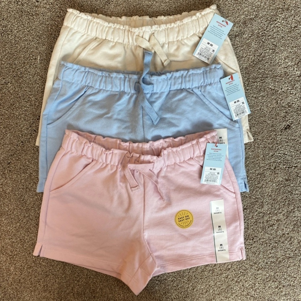 NWT Girl’s Cat And Jack Cotton Shorts. Size 8. 3 Pair Set. Pink, Blue and Cream
